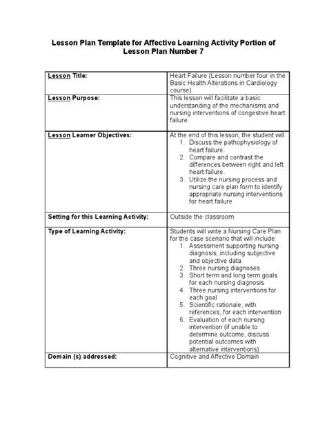 Lesson Plan Template For Affective Learning Activity Portion Of Lesson