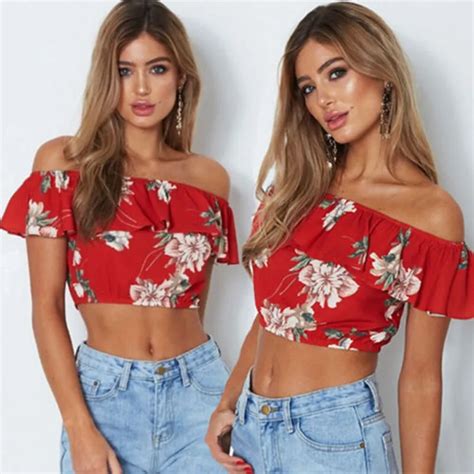 fashion women sexy off shoulder crop tops summer loose shirts casual sexy floral blouse red