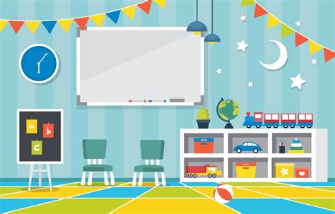 Colorful Kindergarten Or Elementary School Classroom With Desks And