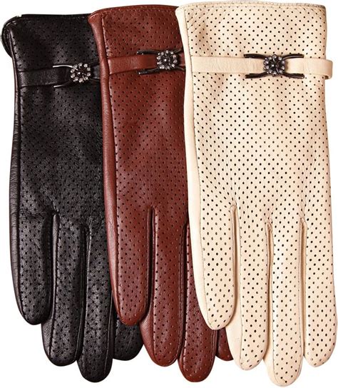 Warmen Comfortable Women Genuine Perforated Leather Gloves With Metal