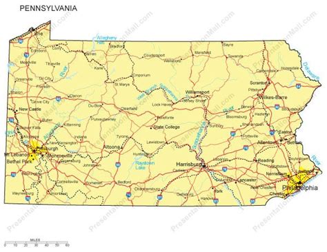 Pennsylvania Map Major Cities Roads Railroads Waterways Digital