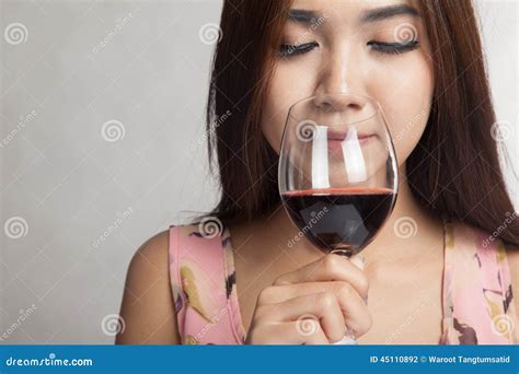 Beautiful Asian Woman Smell Aroma Of Red Wine Stock Photo Image Of