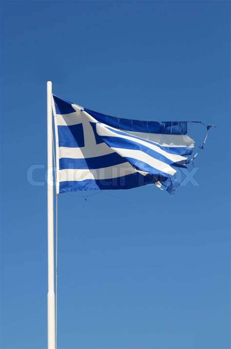Ragged Flag Of Greece Waving In Wind Vertical Stock Image Colourbox