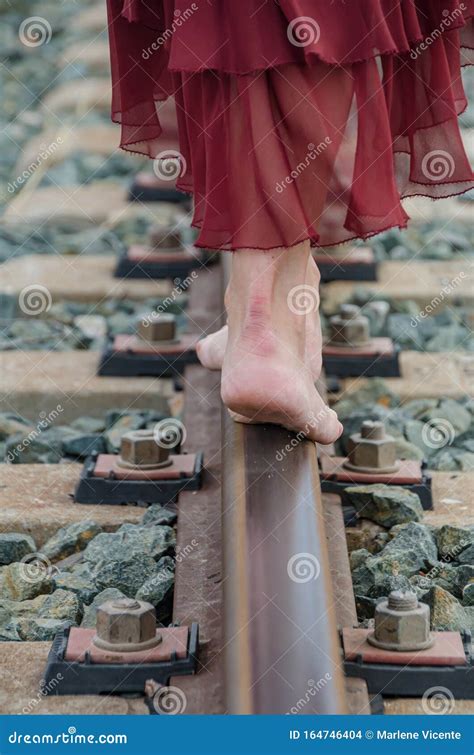 Bare Feet Walking On The Train Track Stock Photo Image Of Legs Road