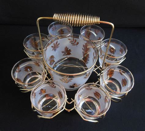 Vintage 1960 S 60s Libbey Golden Foliage Glassware Set Of 8 And Ice Bucket With Caddy Holder