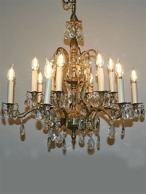 Vintage Spanish Cast 12 Light Brass And Crystal Chandelier W Caged