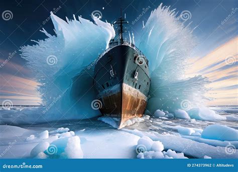 Ship S Hull Breaking Through Ice During Frozen Winter Scene Stock Photo