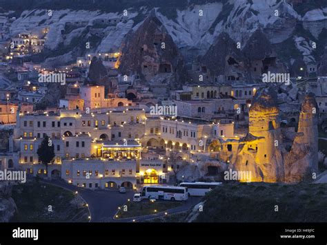 Town View Of Göreme At Night Cappadocia Anatolia Turkey Stock Photo