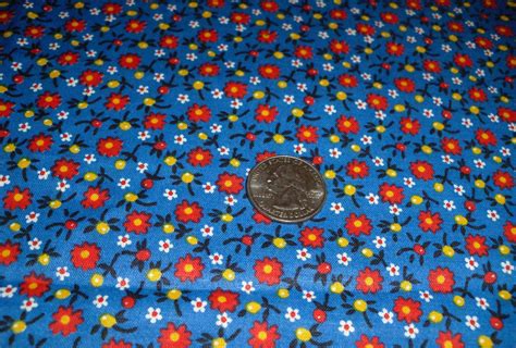 Vintage Calico Fabric Blue With Orange And Yellow Small