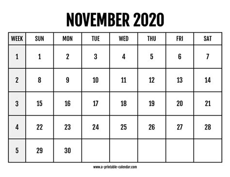 Calendar 2020 November A Printable Calendar