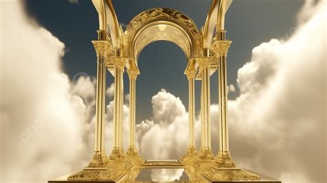 구름으로 덮인 지상의 황금 아치 3d 렌더링 황금 기둥 프레임 디자인 추상 구름 이미지 고화질 사진 사진 배경 일러스트 및