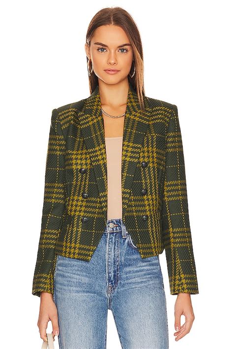 L Agence Brooke Double Breasted Crop Blazer In Green Multi Plaid Revolve