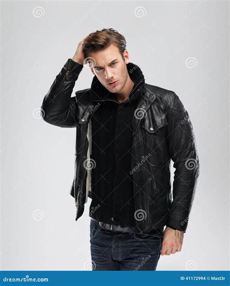 Fashion Man Model Leather Jacket Gray Background Stock Photo Image