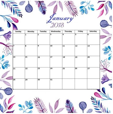2018 Floral January Month Calendar
