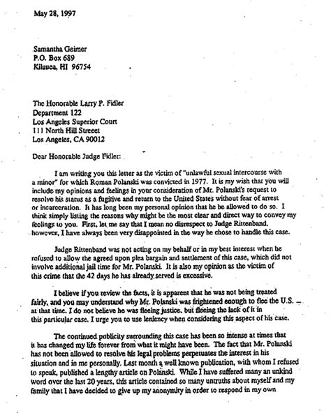Letter to judge asking for leniency for son to: Victim Sought Polanski Leniency | The Smoking Gun
