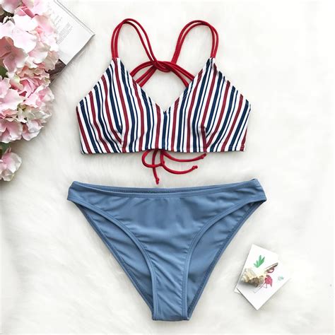 Cupshe Sassy Sweetheart Stripe Bikini Set Women Lace Up Batching Swimsuits 2018 Summer Female