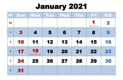 Printable January 2021 Calendar With Holidays Printable Calendar