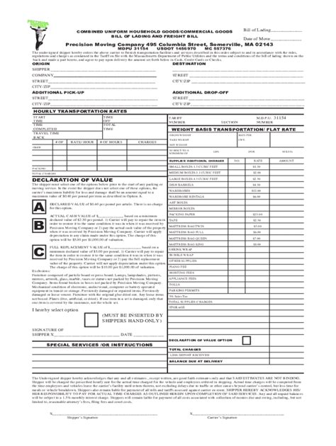 Moving Company Bill Of Lading Template Fill Online Printable