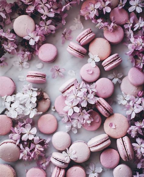flatlay inspiration · via custom scene · pink themed photo with macaroons and pretty flowers