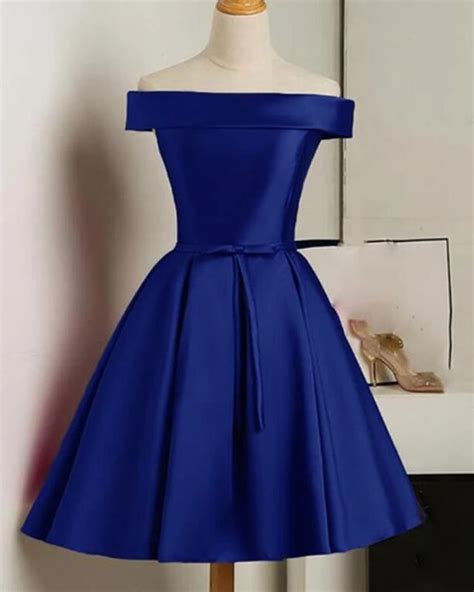 Off Shoulder Satin A Line Royal Blue Short Homecoming Dress Sp0822 Baju Pendek Gaun Renda