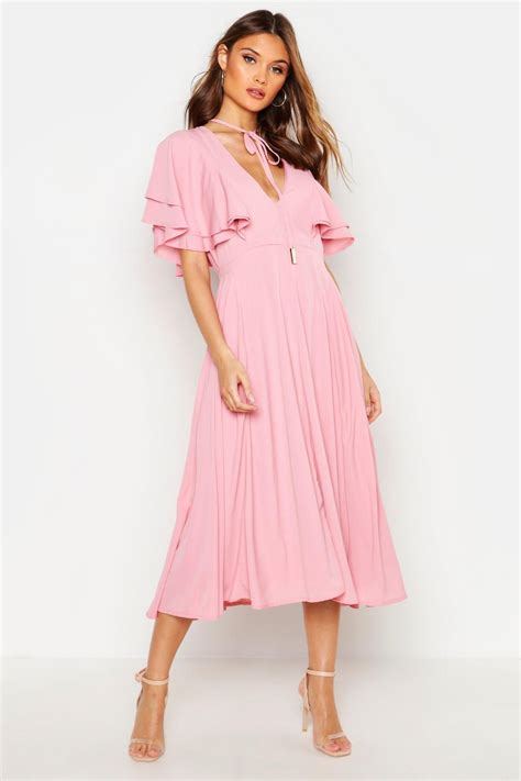 Ruffle Angel Sleeve Bolo Tie Midi Dress Midi Dress With Sleeves Midi Dress Pink Midi Dress