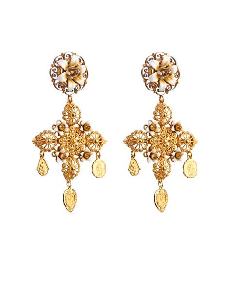 Lyst Dolce And Gabbana Rose And Charm Embellished Earrings In Metallic