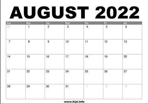 2022 Calendar August