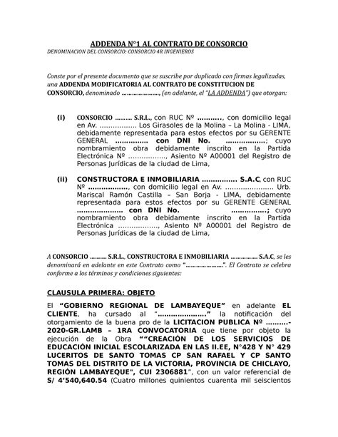 Addenda N Es Un Modelo De Adenda De Contrato Para Un Consorcio Addenda N Al Contrato De