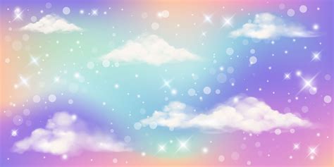 Holographic Fantasy Rainbow Unicorn Background With Clouds And Stars