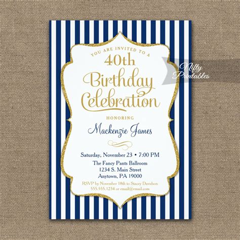 Navy Blue Gold Birthday Invitation Elegant Stripes Printed Nifty Printables