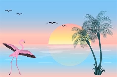At Sunset Flamingo On Lake Scene Stock Illustration