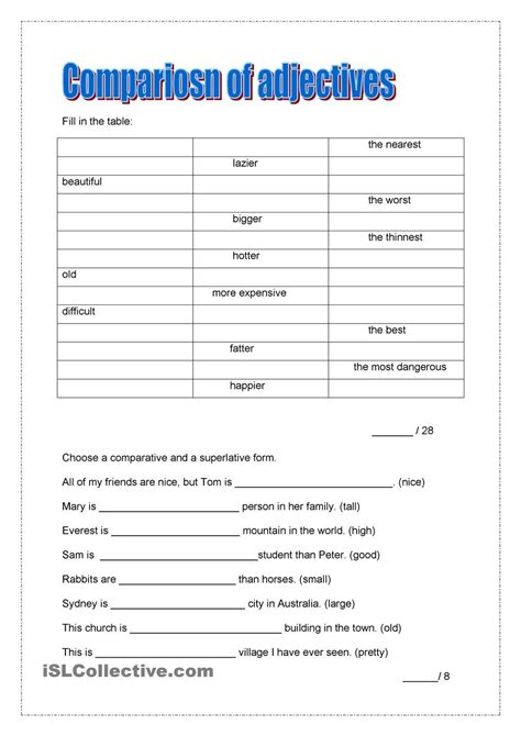 Degrees Of Adjectives Worksheet Teaching Resource Printable