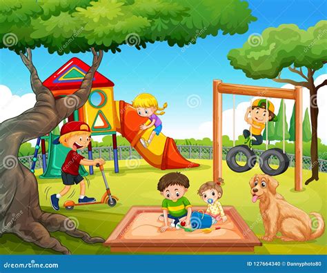 Children Playing At Playground Stock Vector Illustration Of Outdoor