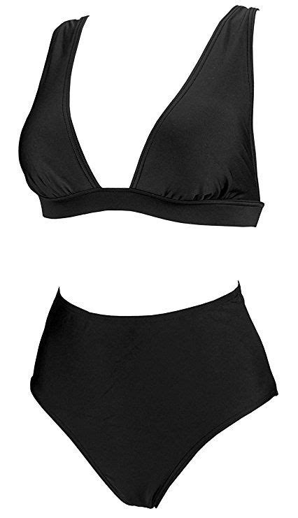 Amazon Com Cocoship Black Solids Vintage High Waist Bikini Set Deep V