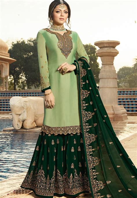 Drashti Dhami Green Satin Georgette Embroidered Sharara Style Suit 3605 Designer Suits Online