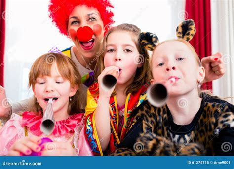 Kids Birthday Party With Clown And Lot Of Noise Stock Image Image Of