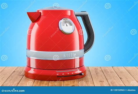 Red Stainless Electric Tea Kettle Retro Design On The Wooden Ta Stock