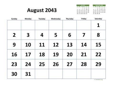 August 2043 Calendar With Extra Large Dates