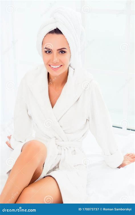 Portrait Of Beautiful Woman Wearing Bathrobe And Towel On Head After Shower Stock Image Image