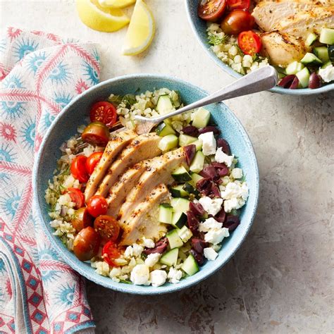 Greek Cauliflower Rice Bowls With Grilled Chicken Recipe Eatingwell