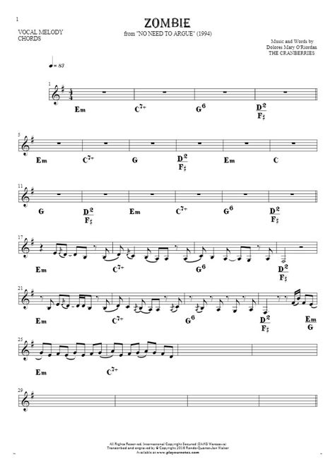 Zombie Notes And Chords For Solo Voice With Accompaniment Playyournotes