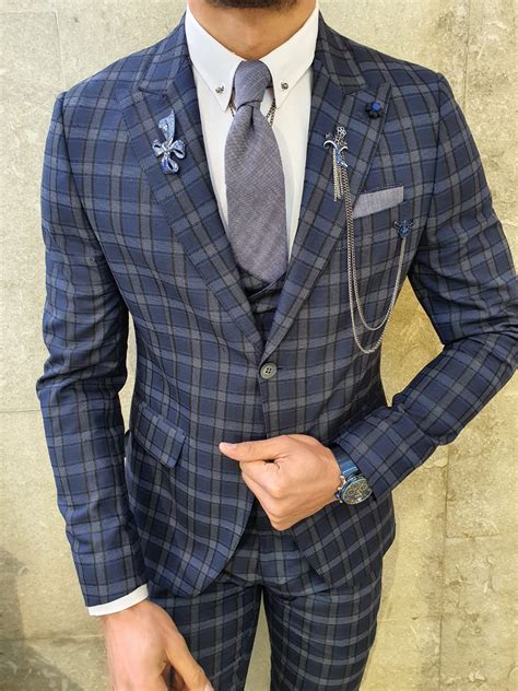 Gentwith Sheridan Navy Blue Slim Fit Plaid Check Suit Gent With