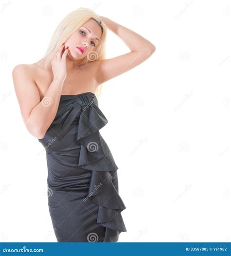 Blond Lady In Black Dress Against White Stock Image Image Of Blonde Expressing