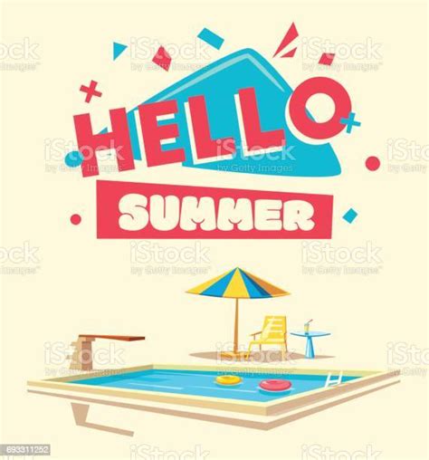 Hello Summer Swimming Pool Cartoon Vector Illustration Stock