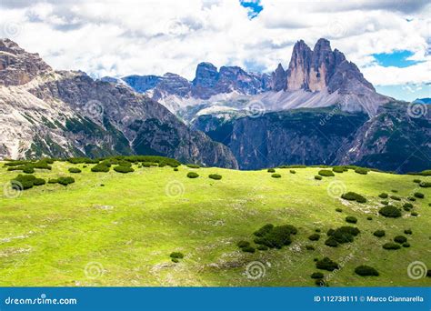 Dolomite Landscape With The Three Peaks Of Lavaredo Italy Stock Image
