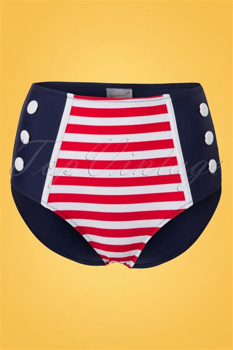 50s Joelle Stripes Bikini Pants In Navy And Red