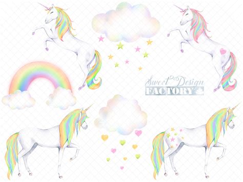 Watercolor Rainbow Unicorn Clipart 97410 Illustrations Design Bundles