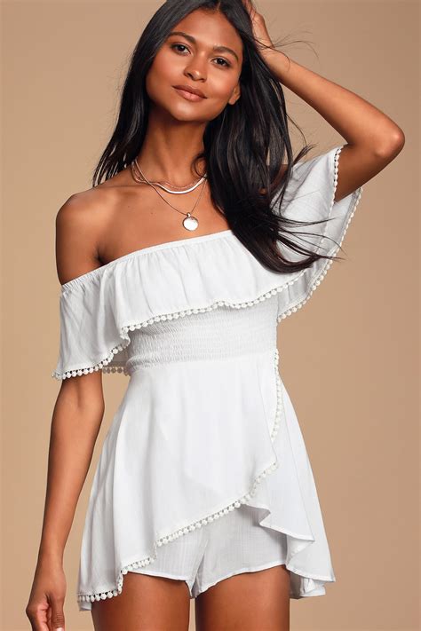 blissful white off the shoulder smocked romper in 2021 rompers dressy dressy rompers and