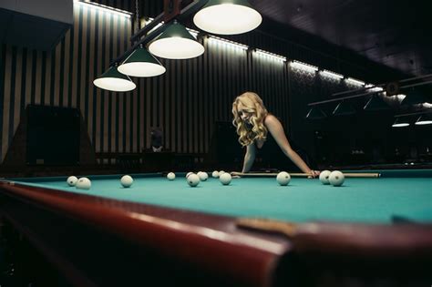 Premium Photo Blond Woman Playing Enjoying Billiard Billiard Balls On Table With Green Surface