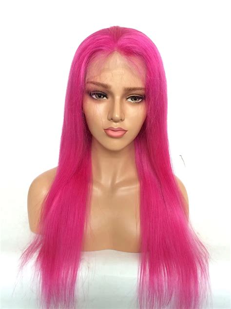 Silk Straight 14 Hot Pink Lace Front Wig Human Hair Rose Pink Wig